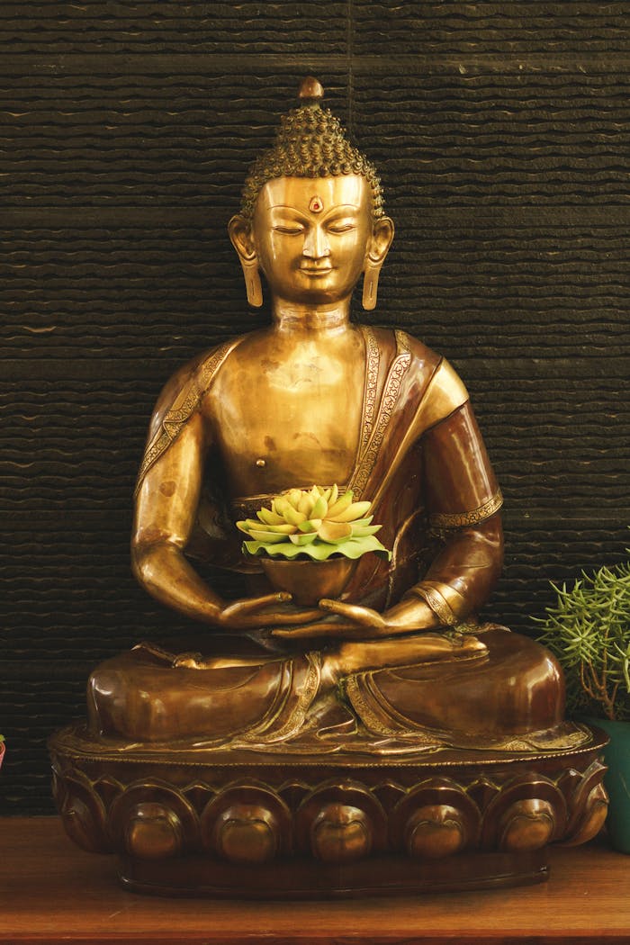 Elegant bronze Buddha statue in lotus position with flowers in Kasauli, Himachal Pradesh.