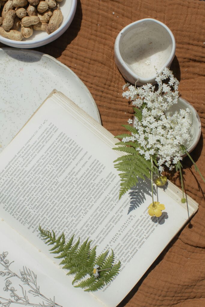 Aesthetic flat lay featuring an open book, ferns, and white flowers set on a textured surface.